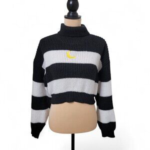 Romwe Size S Black & White Striped Cropped Sweater with Crescent Moon Embroidery